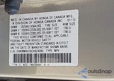 2012 Honda Cr-V Ex-L from USA, damaged, VIN 2HKRM4H76CH624090